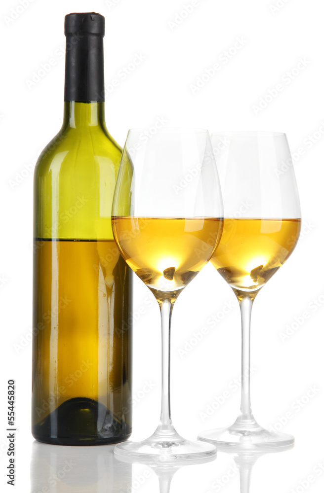 Wine bottle and wineglasses with white wine, isolated on white