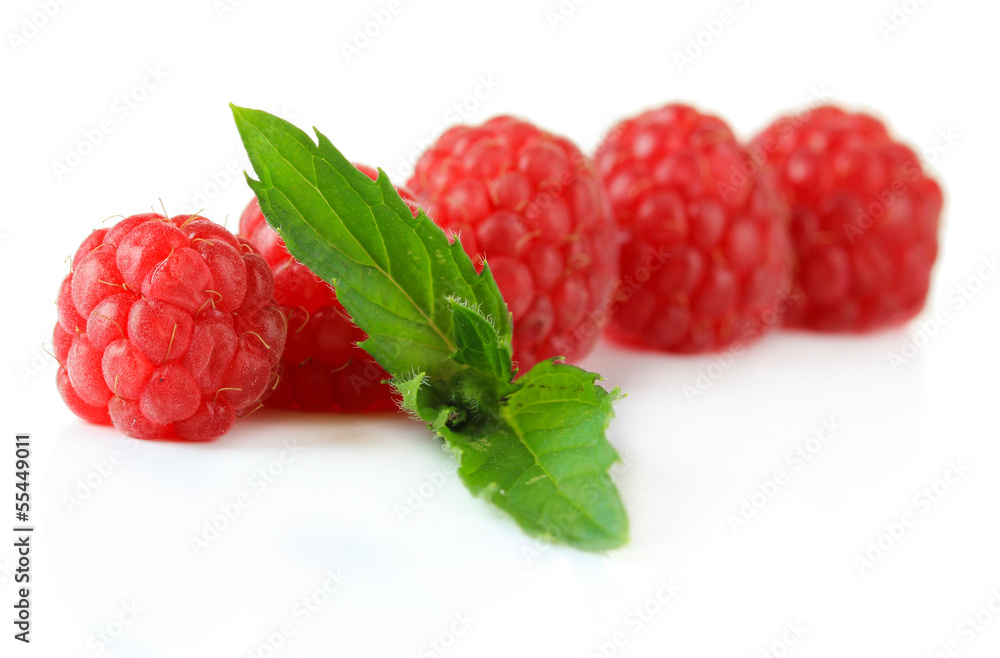 Ripe sweet raspberries isolated on white
