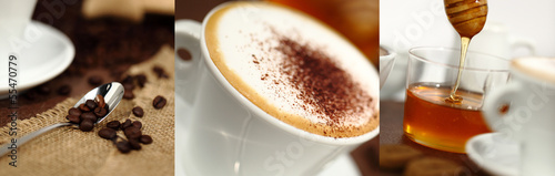 Naklejka samoprzylepna Kubek śniadaniowy z cappuccino, ziaren kawy i miodu