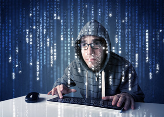Fototapete - Hacker decoding information from futuristic network technology