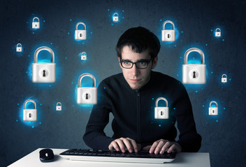 Aufkleber - Young hacker with virtual lock symbols and icons