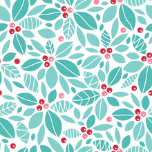 Vector Christmas Holly Berries Seamless Pattern Background With