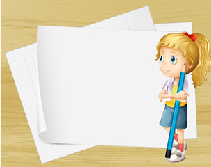 Wall Mural - A sad girl with a pencil standing in front of the empty papers