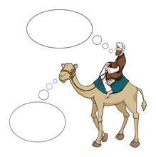 Arab Man Riding A Camel Speech Bubbles, Vector Illustration