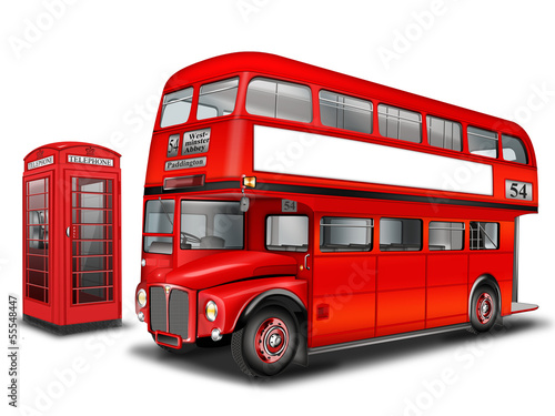 Obraz w ramie Britischer Doppelstockbus mit Telefonzelle