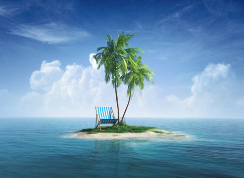 desert tropical island with palm tree, chaise lounge.