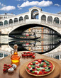 Classic Italian pizza in Venice against Rialto bridge, Italy