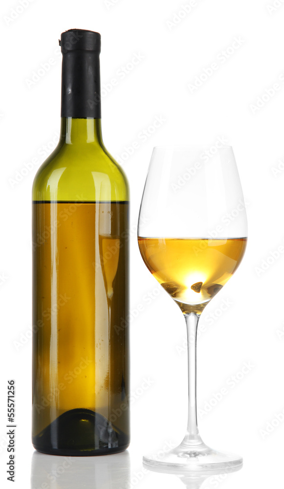 Wine bottle and wineglass with white wine, isolated on white
