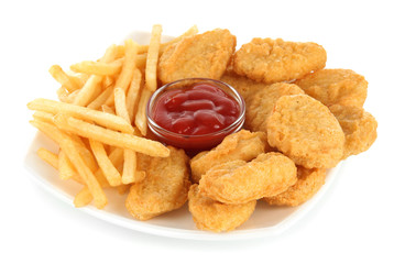 Wall Mural - Fried chicken nuggets with french fries and sauce isolated