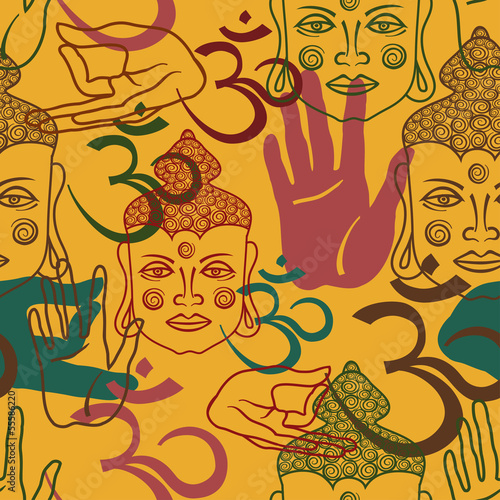 Naklejka ścienna Seamless pattern of buddism attributes