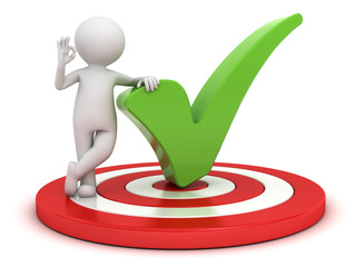 Fototapete - 3d man showing okay gesture with green check mark on dartboard
