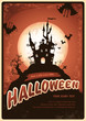 Halloween poster with haunted castle and bats