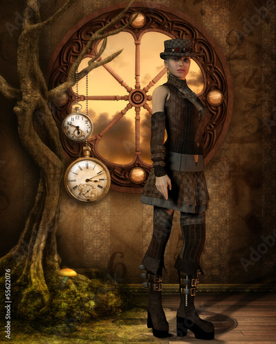 Obraz na płótnie canvas trzyczęściowy "tryptyk" Steampunk drzewo czasu