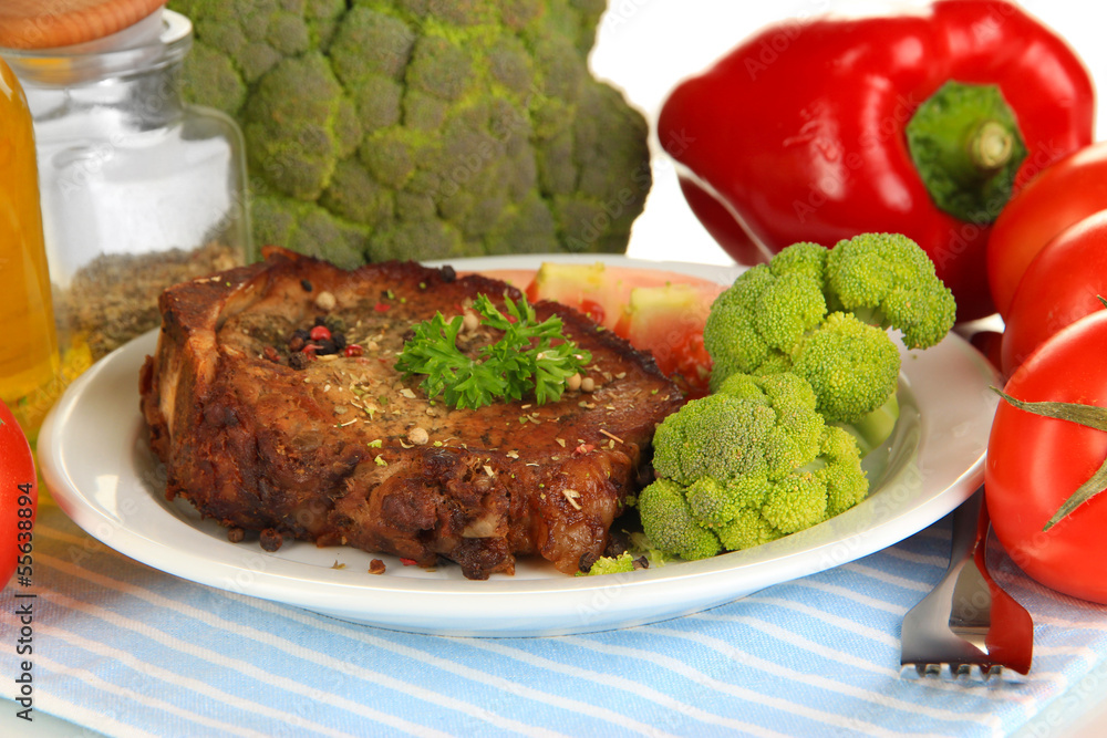 Piece of fried meat on plate isolated on white