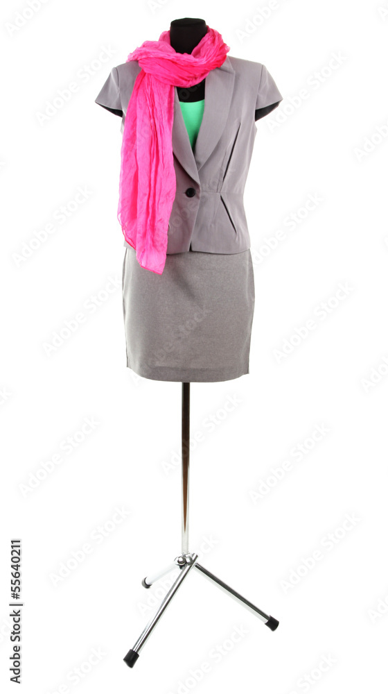 Green top, gray jacket and gray skirt