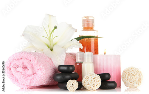 Akustikstoff - Beautiful spa setting with lily isolated on white (von Africa Studio)
