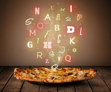 Fresh Italian Pizza With Colorful Letters On Wood