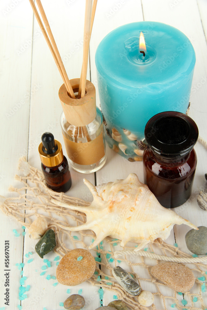 Sea spa composition on wooden table close-up