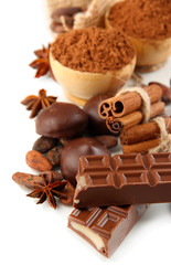 Wall Mural - Composition of chocolate sweets, cocoa and spices, isolated