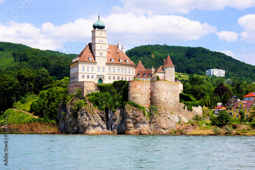 Board z aluminiowym obramowaniem Schonbuhel zamek wzdłuż Dunaju, Dolina Wachau, Austria