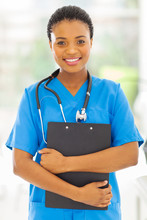Female African Medical Nurse Holding Clipboard