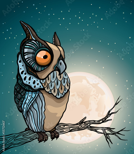 Obraz w ramie Cartoon owl and full moon.