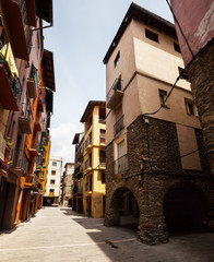 Narrow street in medieval Catalan town in Pyrenees