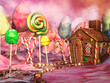 Kolorowy krajobraz z domkiem z piernika, lizakami i czekoladkami
