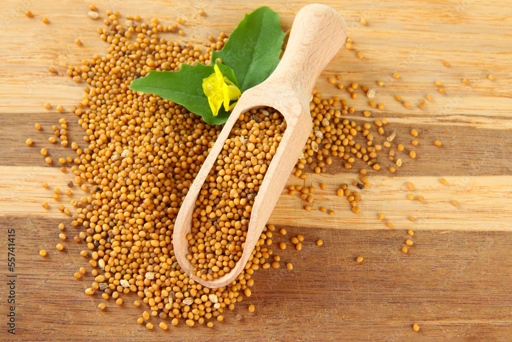 Mustard seeds with mustard flower on wooden background