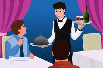 Waiter in a restaurant serving customers