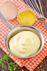 Poster - mayonnaise in metal spoon on wooden board