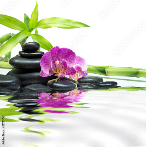 Foto-Banner aus PVC - purple orchids with bamboo tower black stones on water (von Romolo Tavani)