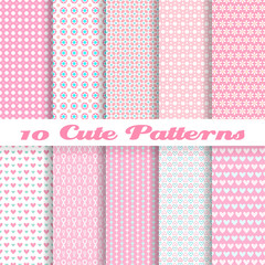 Wall Mural - Cute different vector seamless patterns (tiling). Pink color