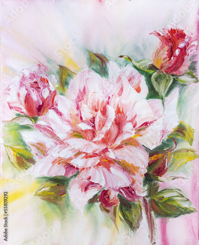 Naklejka - mata magnetyczna na lodówkę Beautiful rose, oil painting on canvas