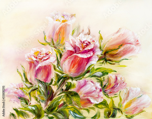 Naklejka na szybę Roses, oil painting on canvas