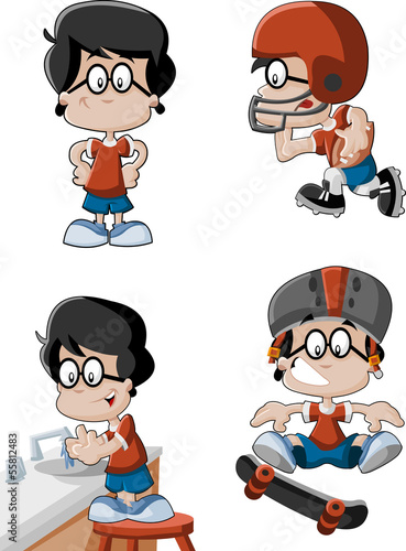 Cartoon boy on skate board, playing football and washing hands