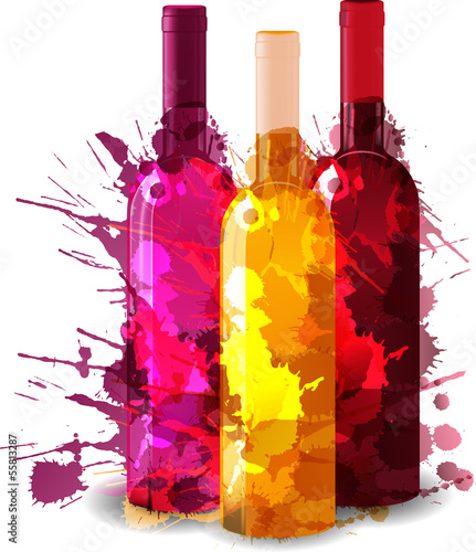 Naklejka dekoracyjna Group of wine bottles vith grunge splashes. Red, rose and white.