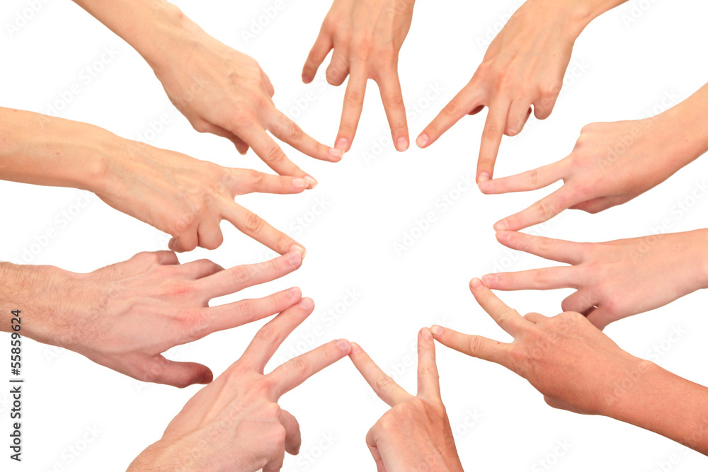 United hands isolated on white Conceptual photo of teamwork