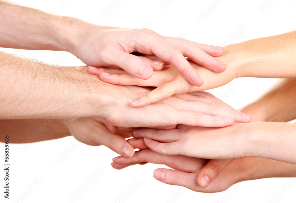 United hands isolated on white Conceptual photo of teamwork