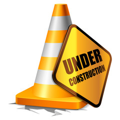 Traffic cone and under construction sign.