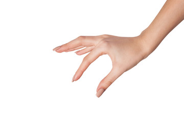 Female hand reaching for something on white