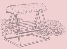 Vector Drawing Bench-swing Near A Blossoming Flower Beds