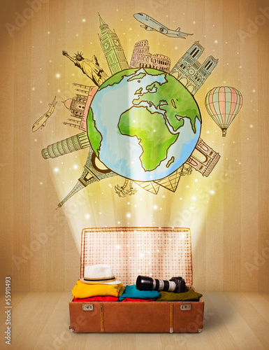 Naklejka - mata magnetyczna na lodówkę Luggage with travel around the world illustration concept