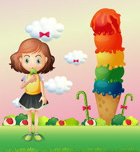 A Girl Eating An Icecream Beside A Giant Icecream