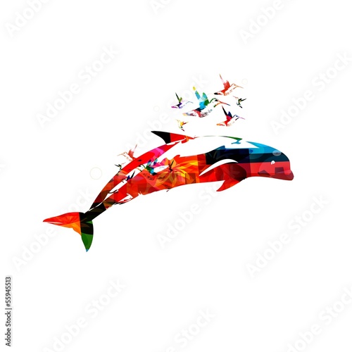 Board z aluminiowym obramowaniem Kolorowe tło wektor delfin z kolibry.