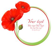 Red Poppies Floral Round Frame, Vector