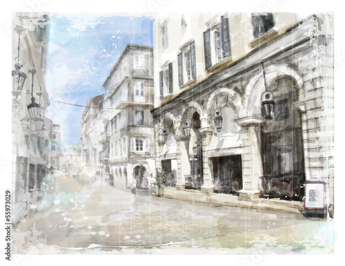 Naklejka na szafę Illustration of city street. Watercolor style.