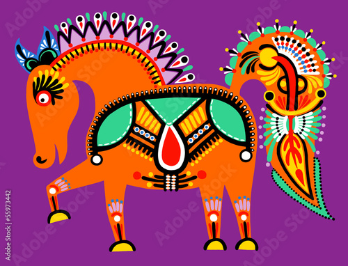 Fotografija ukrainian tribal ethnic painting, unusual horse, folk illustrati