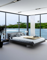 Wall Mural - Ultramodern bedroom interior with grey bed with panorama window