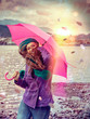 canvas print picture - stürmischer Regen / pink umbrella 03